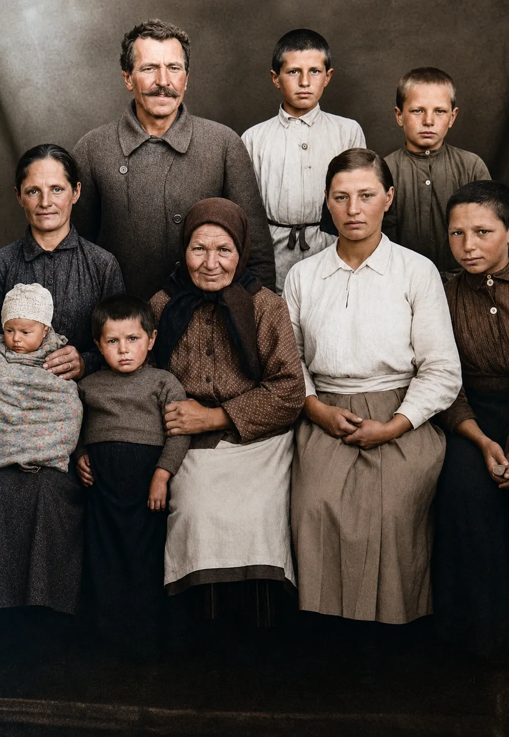 Семейный портрет: девять родственников; в верхнем ряду Яков Елисеевич Баржак, Михаил и Николай Яковлевич Баржак.